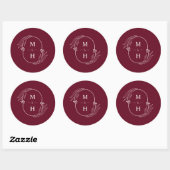 Sticker Rond Boho Modern Monogram Elegant Burgundy Wedding (Feuille)