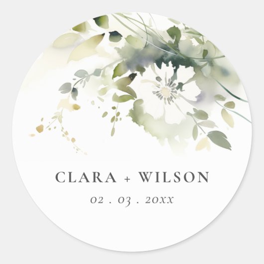 Sticker Rond Boho moderne Abstrait vert blanc Mariage floral (Devant)
