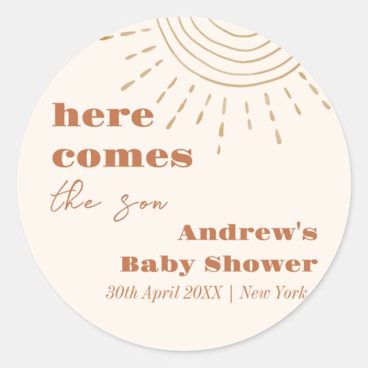 Sticker Rond Boho Moderne Ici Vient Le Baby shower Fils (Devant)