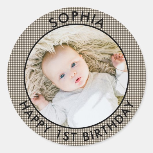 Sticker Rond Boho moderne Joyeux 1er anniversaire Photo mignonn (Devant)