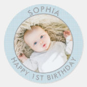 Sticker Rond Boho moderne Joyeux 1er anniversaire Photo mignonn (Devant)