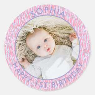 Sticker Rond Boho moderne Joyeux 1er anniversaire Safari photo