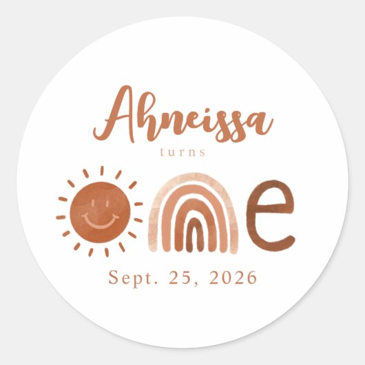 Sticker Rond Boho moderne Rainbow Sunshine Premier anniversaire (Devant)
