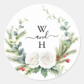 Sticker Rond Boho Monogramme Hiver Verdure Mariage Faveur (Devant)