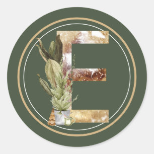 Sticker Rond Boho Noël Monogramme E avec arbre