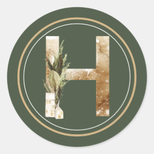 Sticker Rond Boho Noël Monogramme H avec Verts
