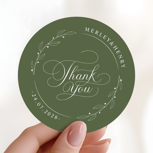 Sticker Rond Boho Olive Green Wedding Thank You Favor