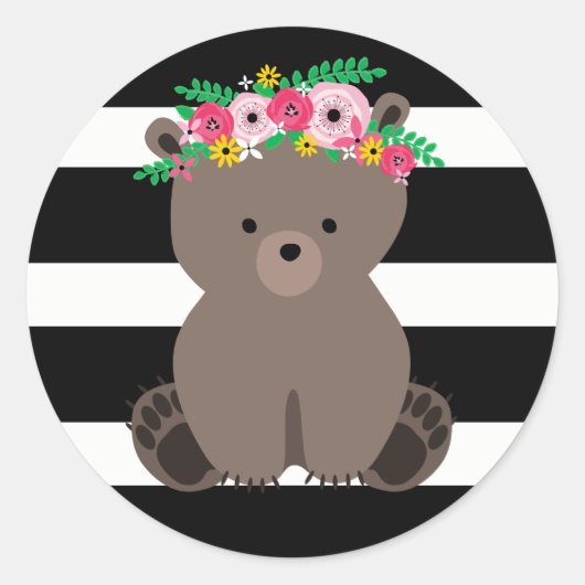 Sticker Rond Boho Ours noir + blanc Baby shower à rayures (Devant)