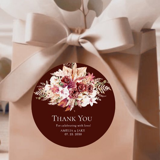 Sticker Rond Boho Pampas Burgundy Floral Round Wedding 