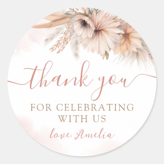 Sticker Rond Boho Pampas Grass Baby shower Floral Merci (Devant)