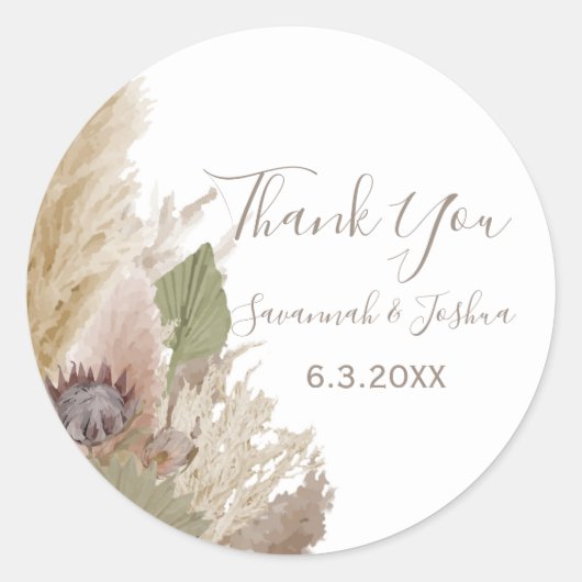 STICKER ROND BOHO PAMPAS GRASS WATERCOLOR MERCI (Devant)