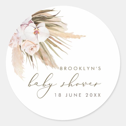Sticker Rond Boho Pampas Herbe Aquarelle Baby shower Floral (Devant)
