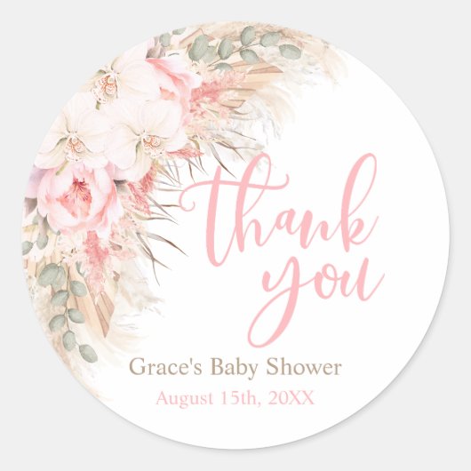 Sticker Rond Boho Pampas Orchidées Peonies Merci Baby shower (Devant)
