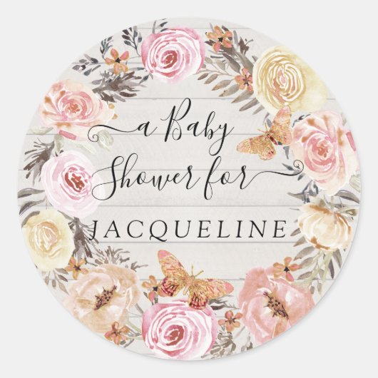 Sticker Rond Boho Papillon rose Blanc Bois Floral Wreath Baby (Devant)