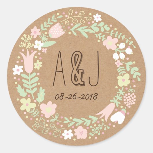Sticker Rond Boho Pastel Floral Wreath Russe Mariage (Devant)