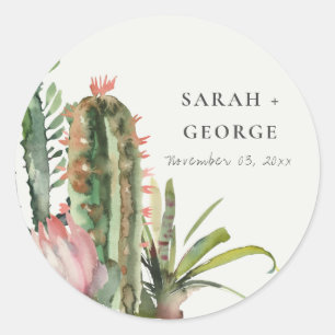 STICKER ROND BOHO PINK FLORAL DESERT CACTI FOLIAGE MARIAGE
