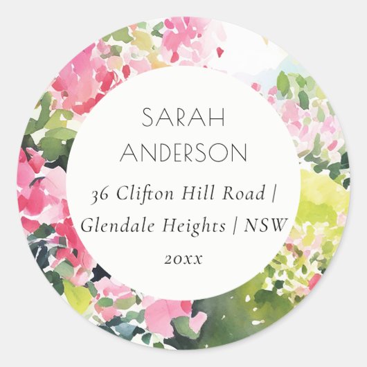Sticker Rond Boho Pink Green Tropical Bougainvillea Adresse (Devant)
