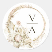 Sticker Rond Boho Protea Pampas Grass Wreath Mariage Monogramme (Devant)