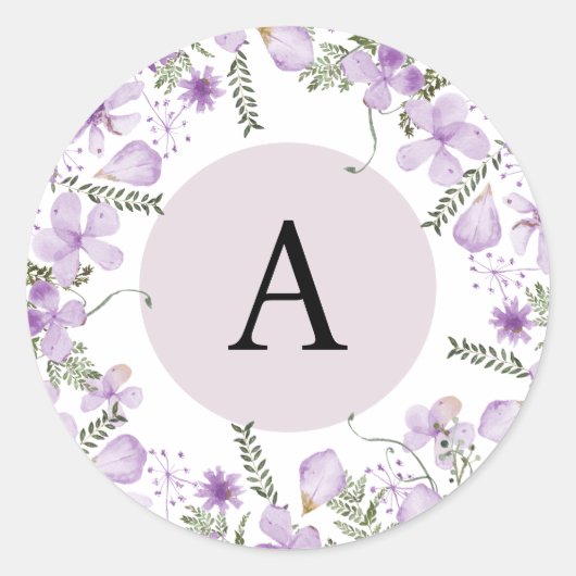 Sticker Rond Boho Purple Fleurs Monogramme Enveloppe ronde Scea (Devant)