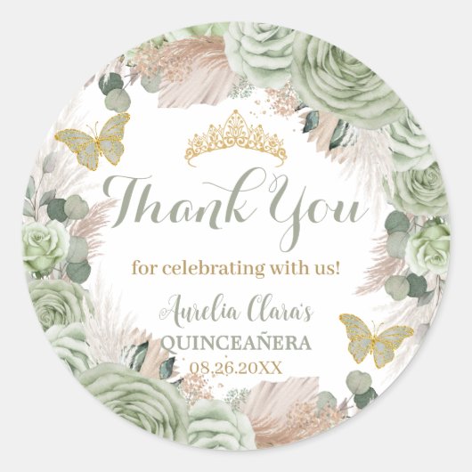 Sticker Rond Boho Quinceañera Sage Vert Floral Pampas Grasse (Devant)