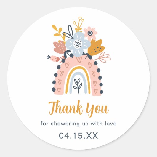 Sticker Rond Boho Rainbow Baby shower Floral Merci classique (Devant)