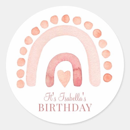 Sticker Rond Boho Rainbow Pink fête d'anniversaire pour enfants (Devant)