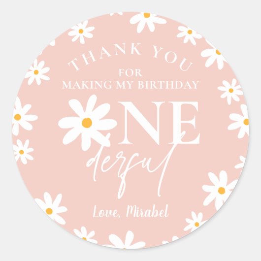 Sticker Rond Boho Retro Blush Pink Daisy Wild Un 1er anniversai (Devant)