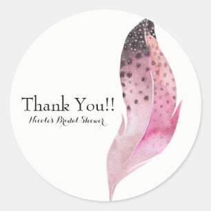 Sticker Rond Boho rose Chic Bohème Plumes Personnalisé Fête Fav
