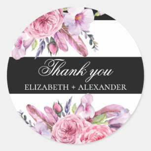Sticker Rond Boho rose fleurs et plumes mariage merci