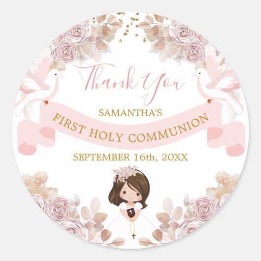 Sticker Rond Boho Rose Floral fille 1er Merci Communion (Devant)