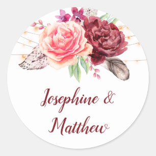 Sticker Rond Boho Roses plumes Mariage