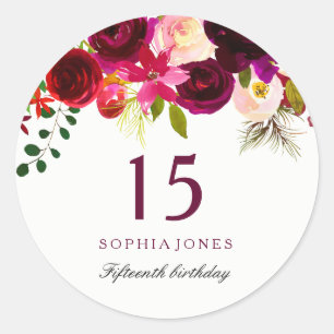 Sticker Rond Boho rouge Bourgogne 15e fête d'anniversaire