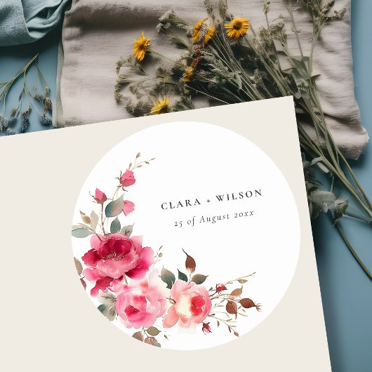 Sticker Rond Boho Rouge Rose Fleurs Mariage d'aquarelle