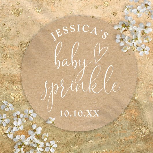 Sticker Rond Boho Rustic Kraft Baby Sprinkle Douche Favoriser
