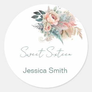 Sticker Rond Boho rustique Argent & Rose Floral Doux Seize