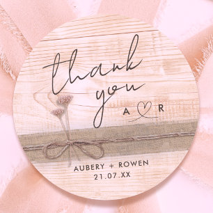 Sticker Rond Boho Rustique Burlap Bois Blush Merci Fleur sauvag