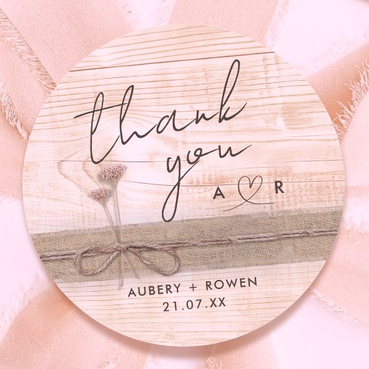 Sticker Rond Boho Rustique Burlap Bois Blush Merci Fleur sauvag