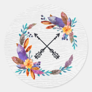 Sticker Rond Boho Rustique Chic Crystal Gems Plumes Aquarelle