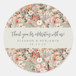 Sticker Rond Boho Rustique Floral Personnalisé Mariage Noms Mer