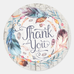 Sticker Rond Boho rustique plumes Merci de douche bohème