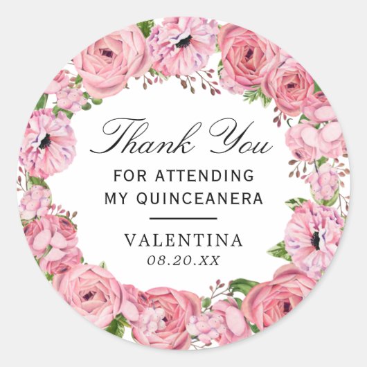 Sticker Rond Boho Rustique rose Floral Quinceanera Merci (Devant)