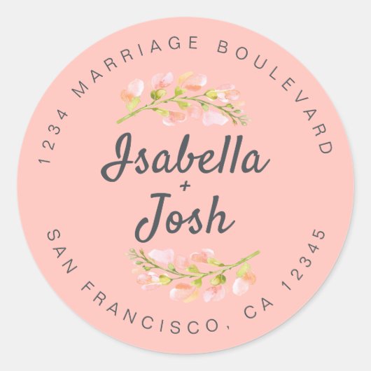 Sticker Rond Boho Script rose Floral Mariage Adresse de retour (Devant)