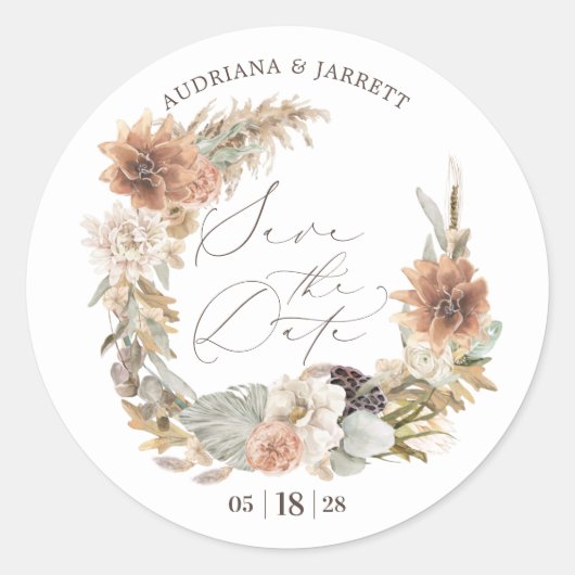 Sticker Rond Boho séché Floral Pampas Grass Automne Enregistrer (Devant)