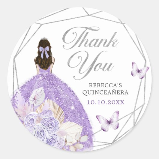 Sticker Rond Boho Silver Lilac Floral Quinceañera Merci (Devant)