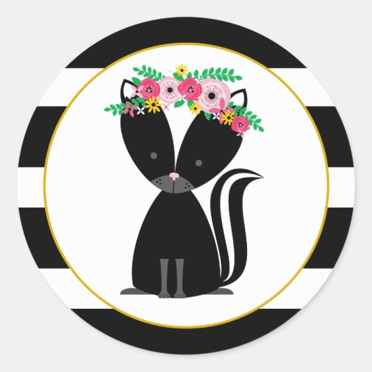 Sticker Rond Boho Skunk Black + White Stripe Baby shower (Devant)