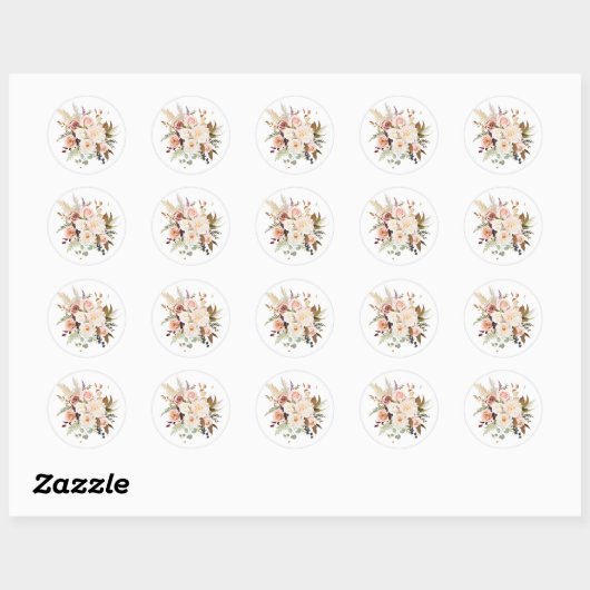 Sticker Rond Boho Soft Coloured Rose Fleurs blanches Mariage (Feuille)