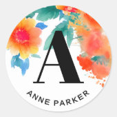 Sticker Rond Boho Stylish Aquarelle Nom Floral Monogramme (Devant)