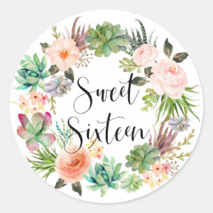 Sticker Rond Boho succulent Sweet sixteen de couronne de fleurs