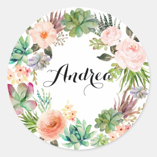Sticker Rond Boho Succulents Floral Wreath Personnalisé (Devant)