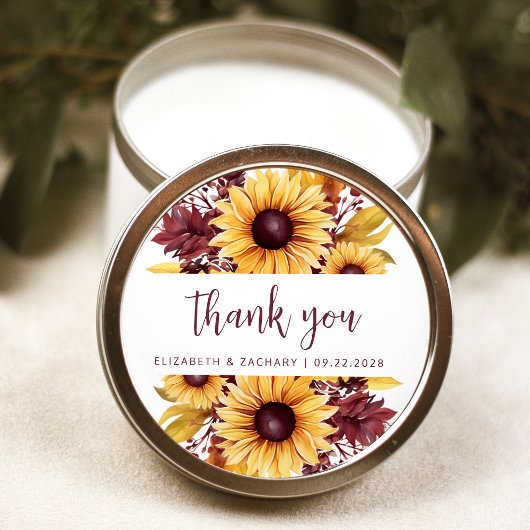 Sticker Rond Boho Sunflower Bourgogne Floral Mariage Merci